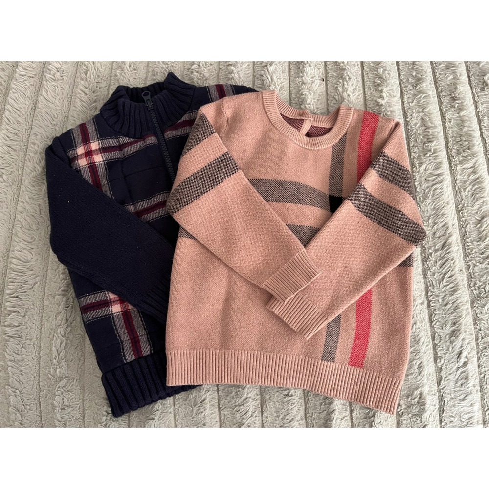 Lot of 2 Toddler Sweaters shein Plaid Pullover & Cat Jack Sherpa Lined Zip Up 2T